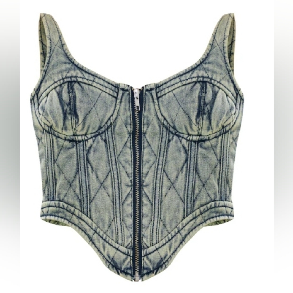 PrettyLittleThing Gray Quilted Denim Corset Crop Top with Front Zip